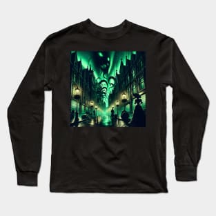 A Victorian city street where shadows turn into monstrous forms under a green sky Long Sleeve T-Shirt